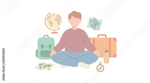 Photography Calm traveler meditates amid luggage, suitcases and travel icons before a journey