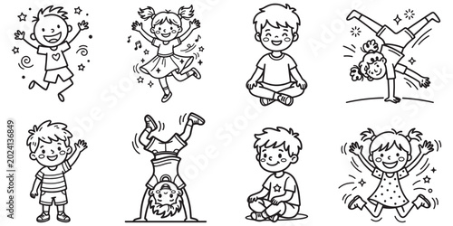 Cute cartoon kids jumping and playing in outline sketch eps 10