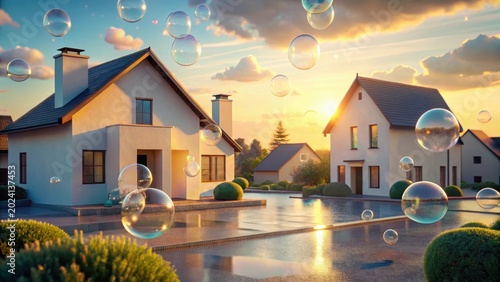 Dreamy Suburban Sunset Sparkling Bubbles Float Over Modern Homes and a Reflecting Pool