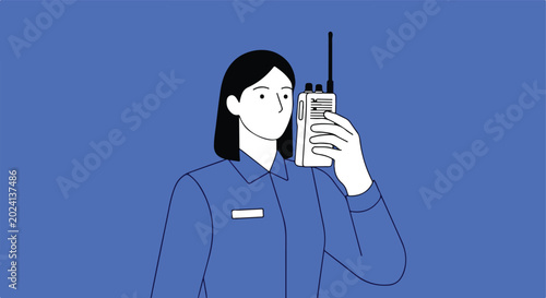 Woman in blue uniform communicates using a two-way radio device, clear illustration