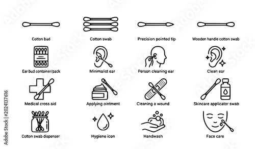 Cotton Swab and Personal Hygiene Icon Grid: Minimalist Outline and Solid Illustrations for Medical Swabs, Cosmetic Bud Application, Ear Care, and Sanitary Grooming Symbols
