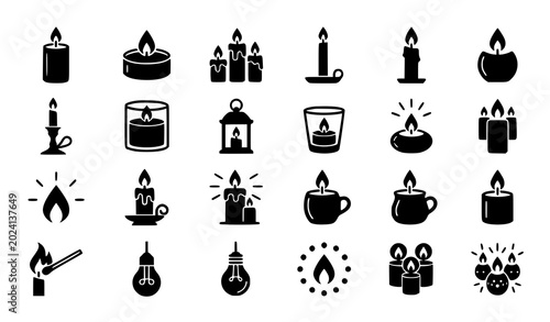Fotografie Candle and Atmospheric Lighting Icon Set: Minimalist Outline and Solid Illustrat