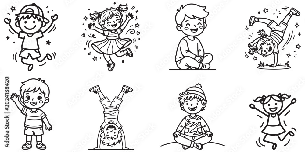 Fototapeta premium Cute cartoon kids jumping and playing in outline sketch eps 10