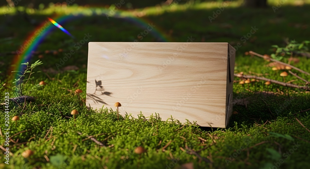 Fototapeta premium A simple wooden box resting on vibrant green moss in a sunlit forest with a rainbow in the background.