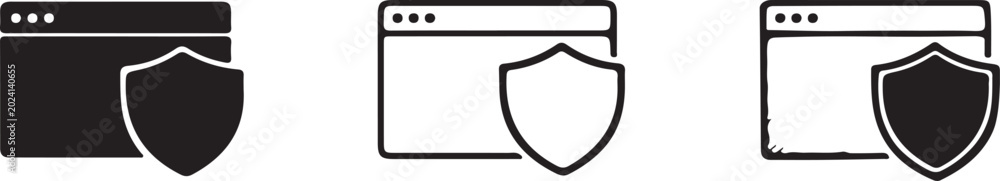 Fototapeta premium Browser window with shield icon set, internet security and data protection concept.