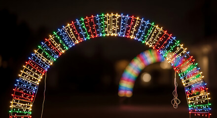 Colorful string lights arranged in an arched shape against a dark background