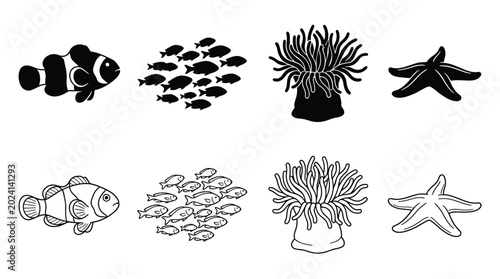 Obraz na płótnie Set of marine animals and sea life icons, clownfish, school of fish, sea anemone