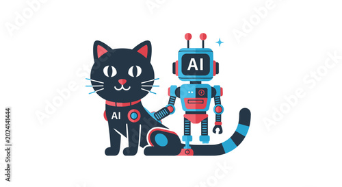 Cute AI Robot with Black Cat, Future Technology Companionship
