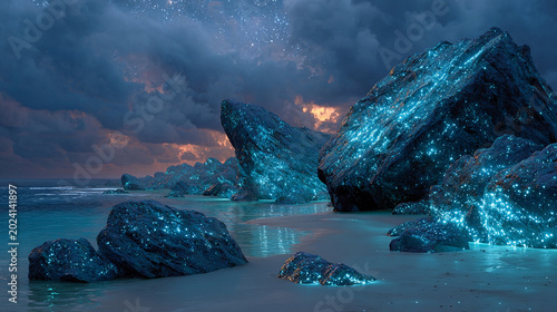 Coastal rocks shimmer with intense blue bioluminescence as the dark sea meets the sandy beach at twilight.
