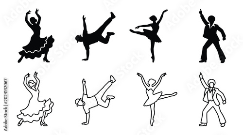 Bild auf Leinwand Set of various dance styles silhouettes, including flamenco, breakdance, ballet,