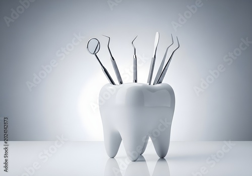 Dental tools in a tooth container on a white surface