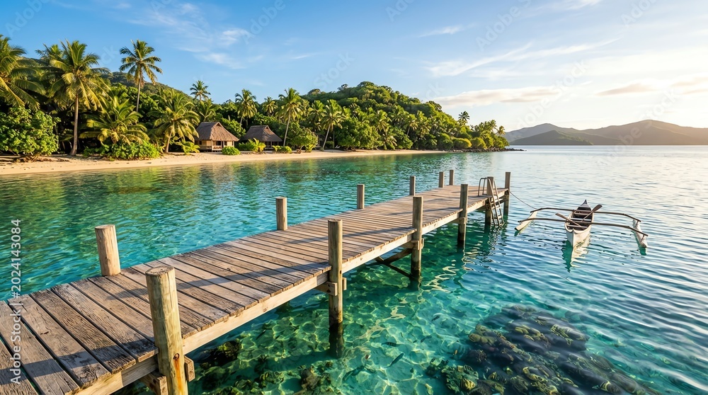 Obraz premium Tropical Island Pier with Boat for Vacation Getaway