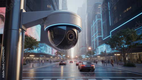 Surveillance camera overlooks bustling city street with modern skyscrapers and neon lights.