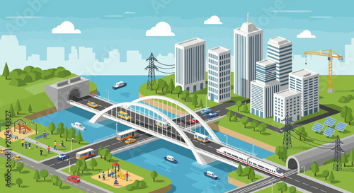 Fotografía Modern Cityscape with Bridge, River, and Transportation - Isometric View