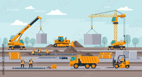 Tableau sur toile Construction Site with Cranes, Bulldozer, Workers, and Trucks - Flat Design
