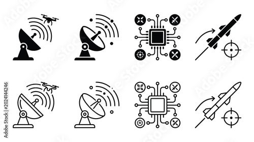 Foto Set of military and defense technology icons, including radar tracking drone, sa