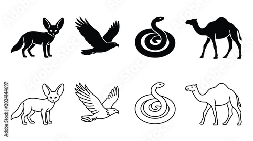 Konstfotografi Set of desert animals icons, fennec fox, eagle, snake and camel, vector illustra