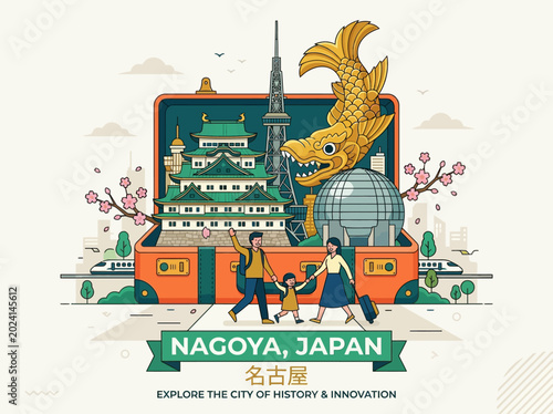 Tableau sur toile Nagoya Japan Travel Illustration with Landmarks, Castle, and Family Vacation Con