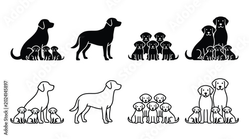 Slika na platnu Set of dog and puppy icons, labrador retriever family, silhouette and outline st