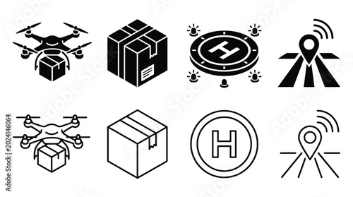Billede på lærred Set of drone delivery icons, including quadcopter with parcel, cardboard box, he