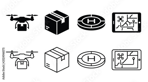 Foto Drone delivery icons set vector illustration of quadcopter with package, cardboa