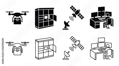 Schilderij op canvas Set of logistics and technology icons including drone delivery, parcel locker, s