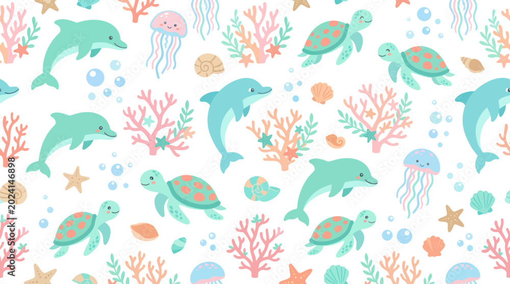 Naklejka premium Marine Life Cartoon Seamless Pattern: Cute Dolphins, Sea Turtles, Jellyfish Coral in Flat Vector Style for Kids