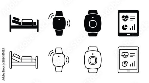 Set of medical and health monitoring icons, including hospital bed, smart watch with vibration, wearable device, and tablet with health data analysis