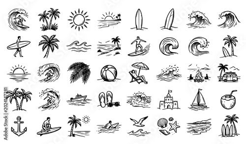 Canvas Print Black and White Hand Drawn Summer Beach Surfing Illustration Set Featuring Surfe