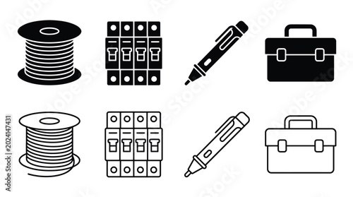 Canvastavla Set of electrical icons in solid and line style, including wire spool, circuit b