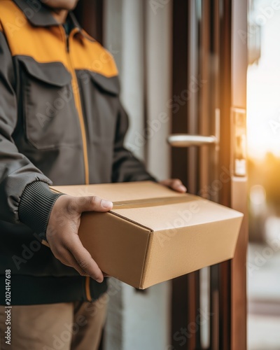A delivery person in a uniform hands over a cardboard package at a doorstep during sunset.
