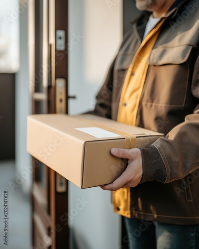 A person in a brown jacket delivers a cardboard package at a doorway, holding it securely with both hands.