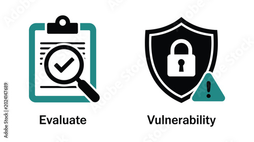 Tableau sur toile Vulnerability Management vector illustration featuring evaluation checklist, cybersecurity shield icons, risk assessment process, secure system protection, modern flat design