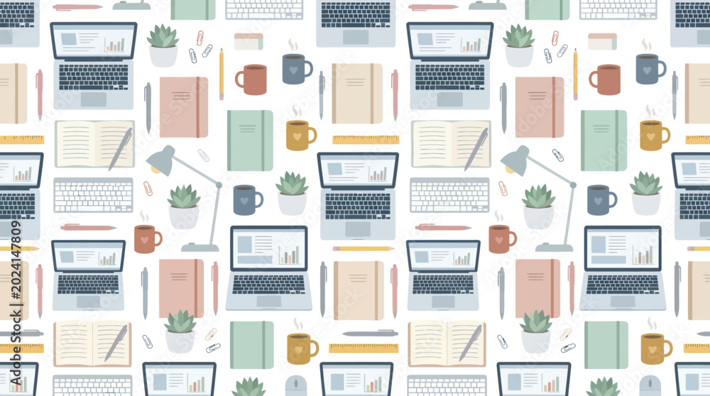 Fototapeta premium Workplace Productivity Flat Vector Seamless Pattern with Office Technology, Laptops, Notebooks Desk Supplies