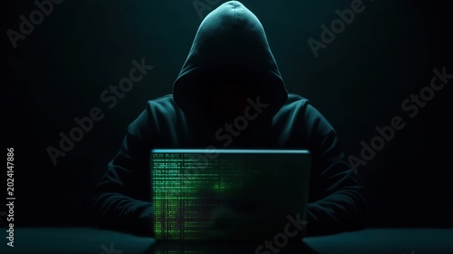 A hooded figure sits in darkness, obscured, working on a laptop with code reflected on the screen, evoking secrecy and hacking.