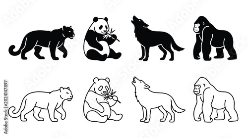 Photography Set of wild animal silhouettes and line art icons, including panther, panda, wol