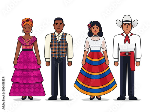 Foto Diverse People in Traditional Cultural Clothing Flat Vector Illustration - Group