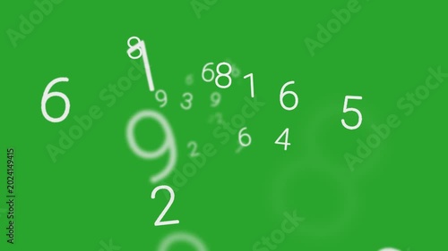 Floating numerical digits counting numbers animated on a green screen chroma key background.  professional superb alpha element effects flying style high cgi overlay transparent imagery animation