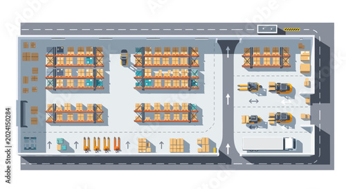 Top View Warehouse Interior with Shelves, Boxes, Forklifts, and Truck - Logistics Concept
