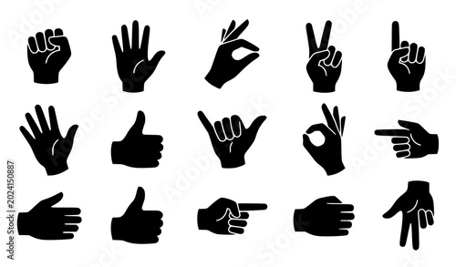 Cuadro en lienzo Hand Gesture Black Silhouette Vector Set with Different Hand Pose Illustrations