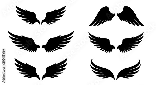 Billede på lærred Black Silhouette Wings Collection, Angel Feathered Wing Icons, Heraldic Emblem E