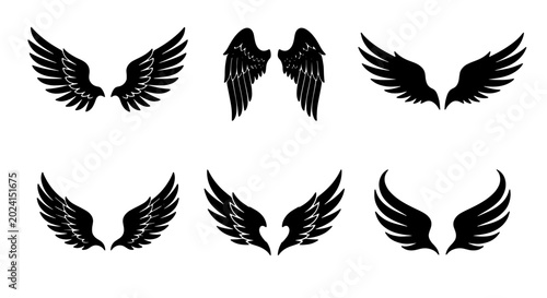 Tableau sur toile Six Black Angel Wings Vector Icons, Feathered Wing Symbols for Fantasy, Freedom,