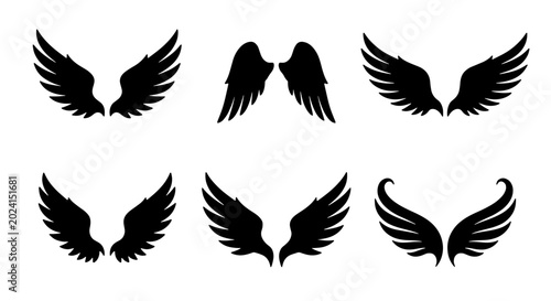 Foto Set of Six Black Angel Wings Icons, Vector Graphic Elements for Design Projects,