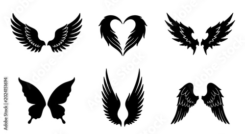 Tableau sur toile Set of 6 Black Silhouette Wings and Butterfly Wings Vector Icons, Angelic Feathe