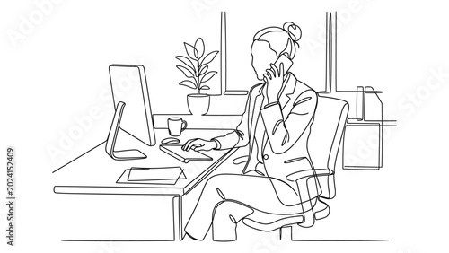 woman sitting at desk working on computer.