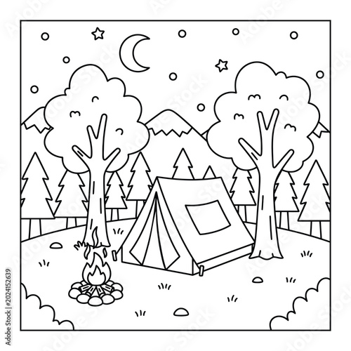 Canvas Print Camping site featuring a tent and warm bonfire in the forest at night for a peac