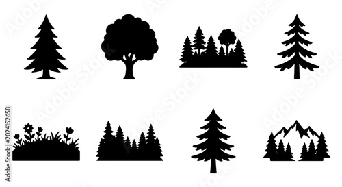 Foto Forest Trees and Mountain Landscape Silhouettes, Nature Elements Vector Icons fo