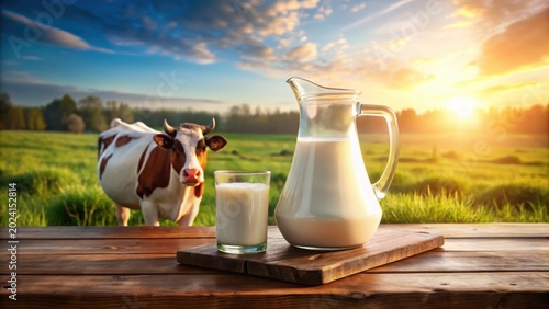 Jug of milk on a wooden table with background of cow in a field