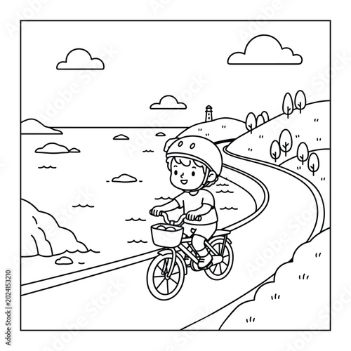 Bilde på lerret Bicycles are ridden by a happy young boy on a winding coastal road for a fun sum