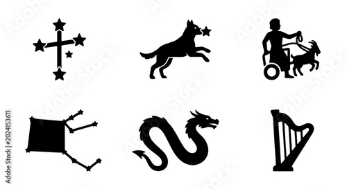 Photos Mythological Creatures and Symbols Vector Icons Set: Dragon, Dog, Harp, Constell